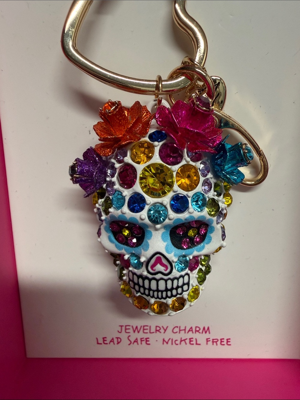 Betsey Johnson | Día de los Muertos Jeweled Sugar Skull Bag Charm 💀🌹✨🩷 - Picture 7 of 7